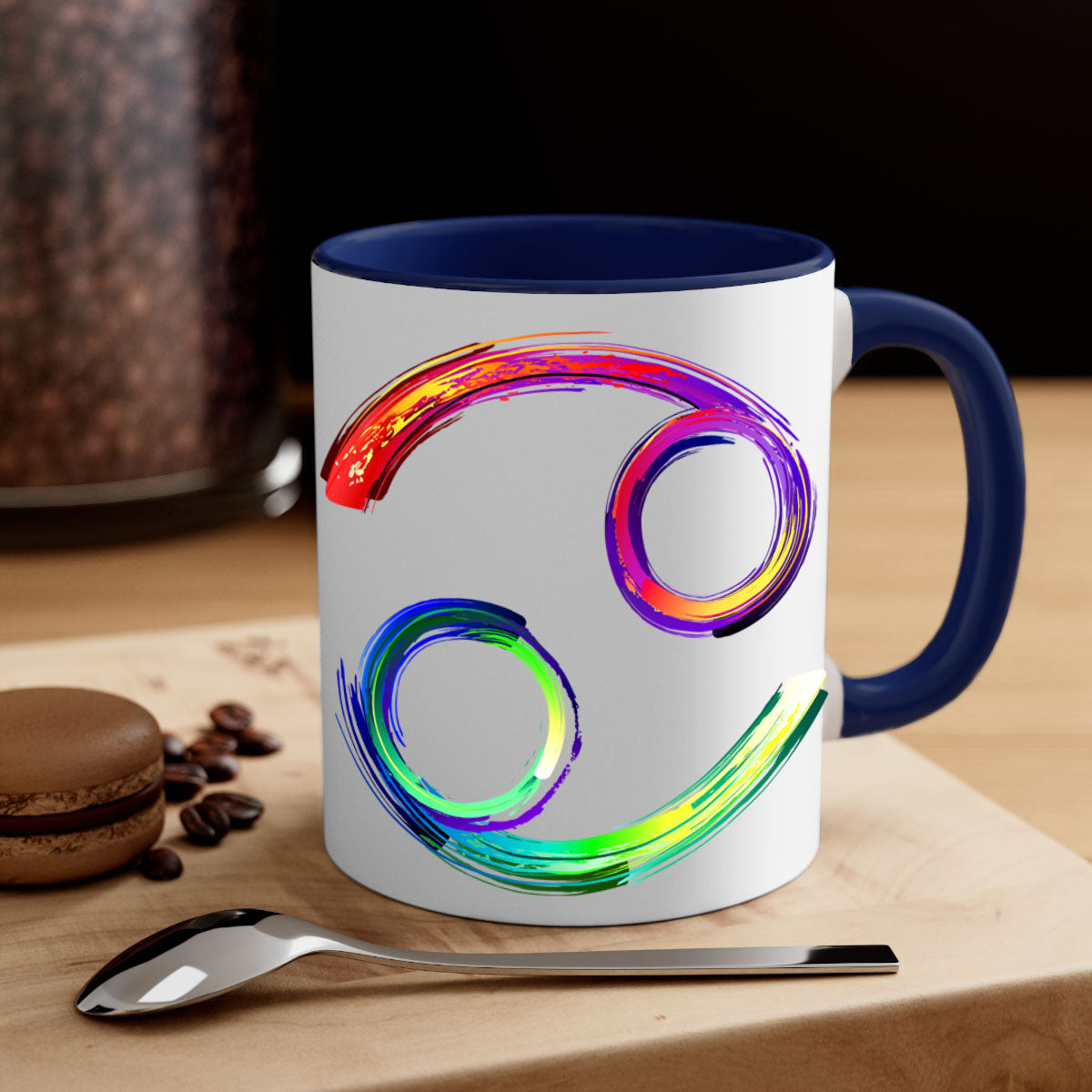 Cancer 560# Mug featuring a glossy finish, colored handle, and interior, available in multiple colors and sizes.