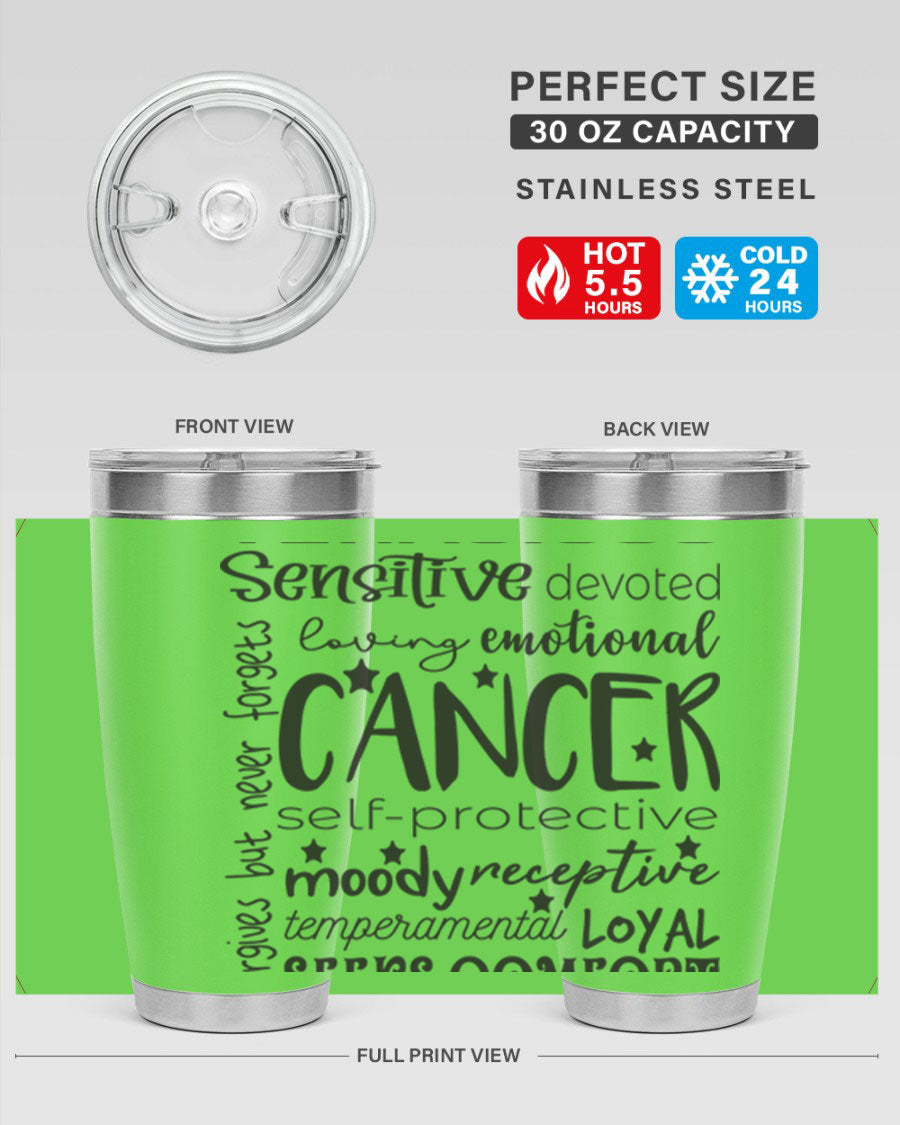 Cancer 565# Zodiac Tumbler in stainless steel with a vibrant design, available in 20oz and 30oz sizes.