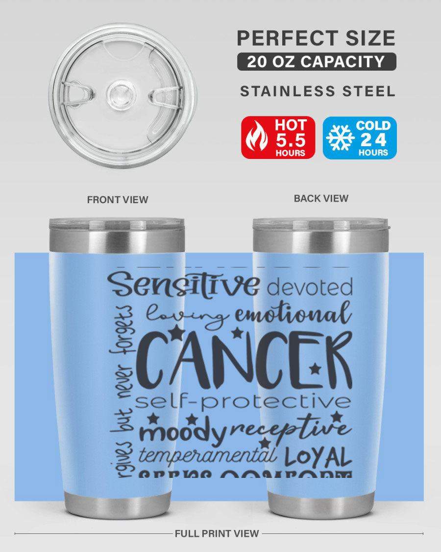 Cancer 565# Zodiac Tumbler in stainless steel with a vibrant design, available in 20oz and 30oz sizes.