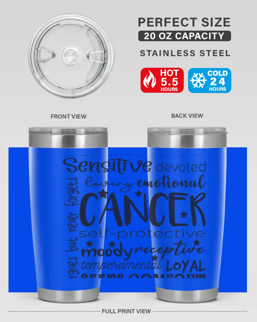 Cancer 565# Zodiac Tumbler in stainless steel with a vibrant design, available in 20oz and 30oz sizes.
