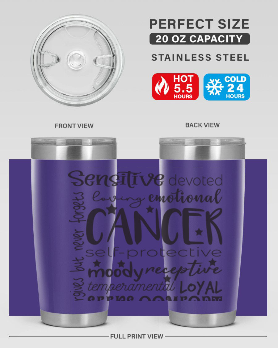 Cancer 565# Zodiac Tumbler in stainless steel with a vibrant design, available in 20oz and 30oz sizes.