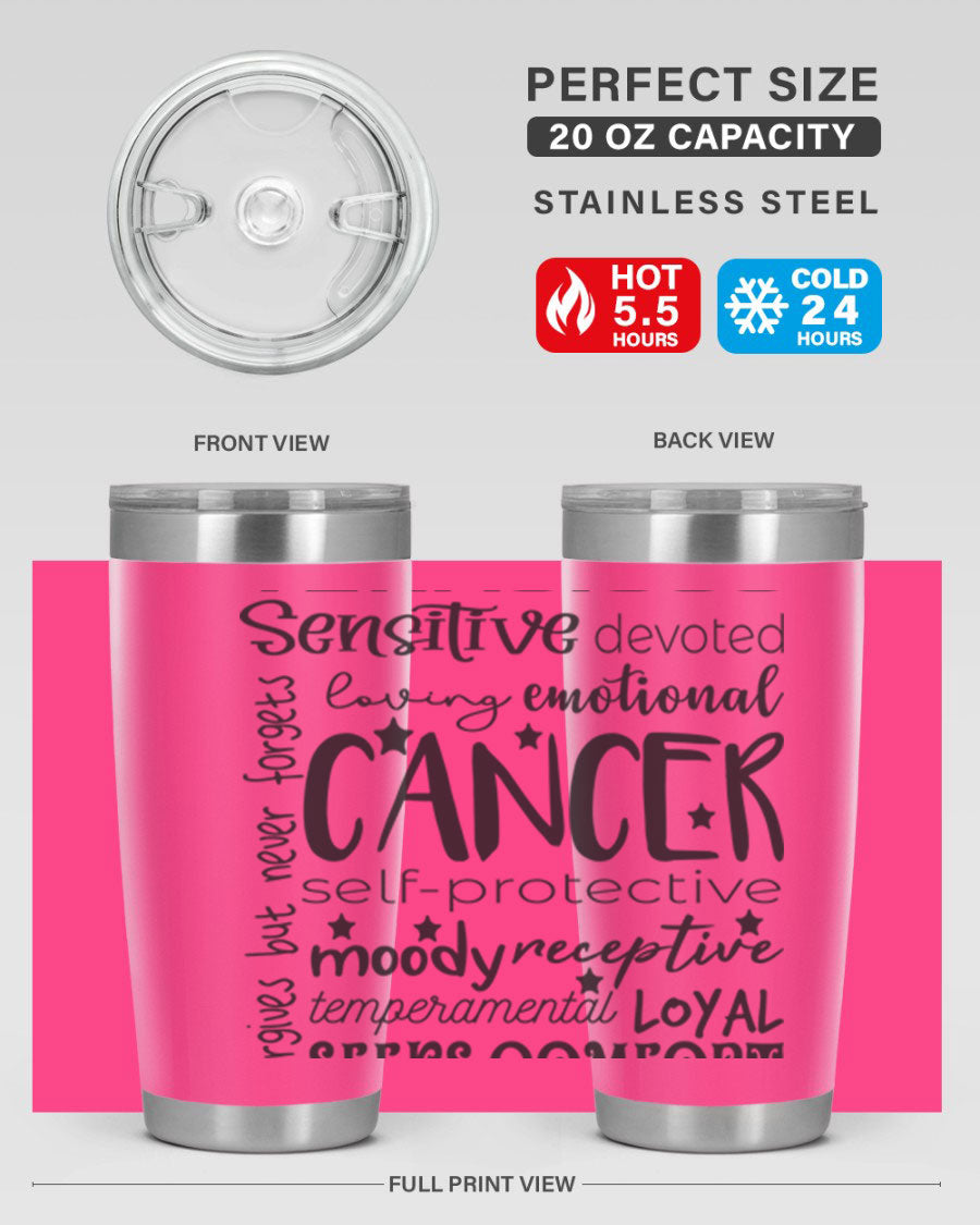 Cancer 565# Zodiac Tumbler in stainless steel with a vibrant design, available in 20oz and 30oz sizes.