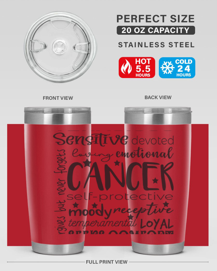 Cancer 565# Zodiac Tumbler in stainless steel with a vibrant design, available in 20oz and 30oz sizes.