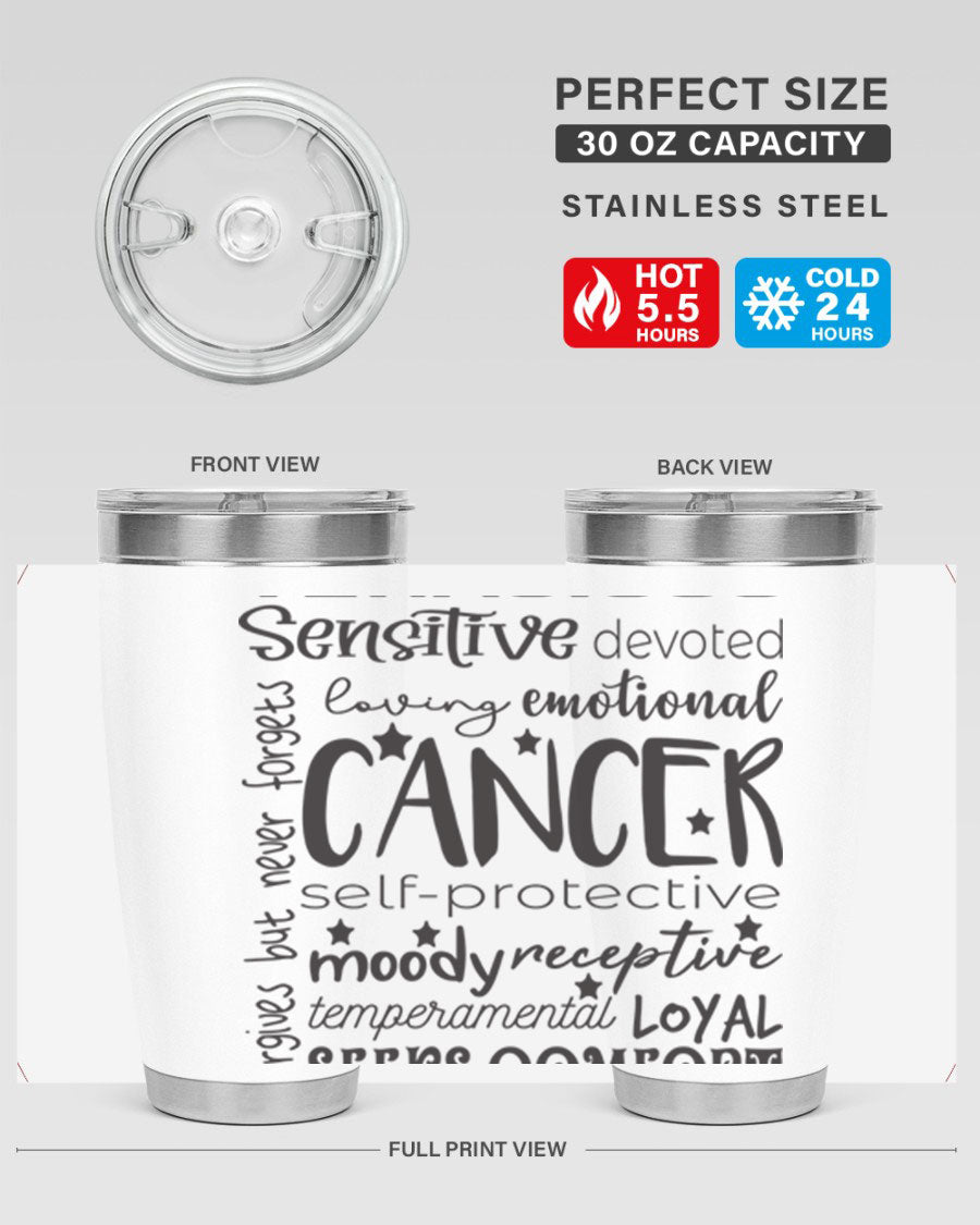 Cancer 565# Zodiac Tumbler in stainless steel with a vibrant design, available in 20oz and 30oz sizes.