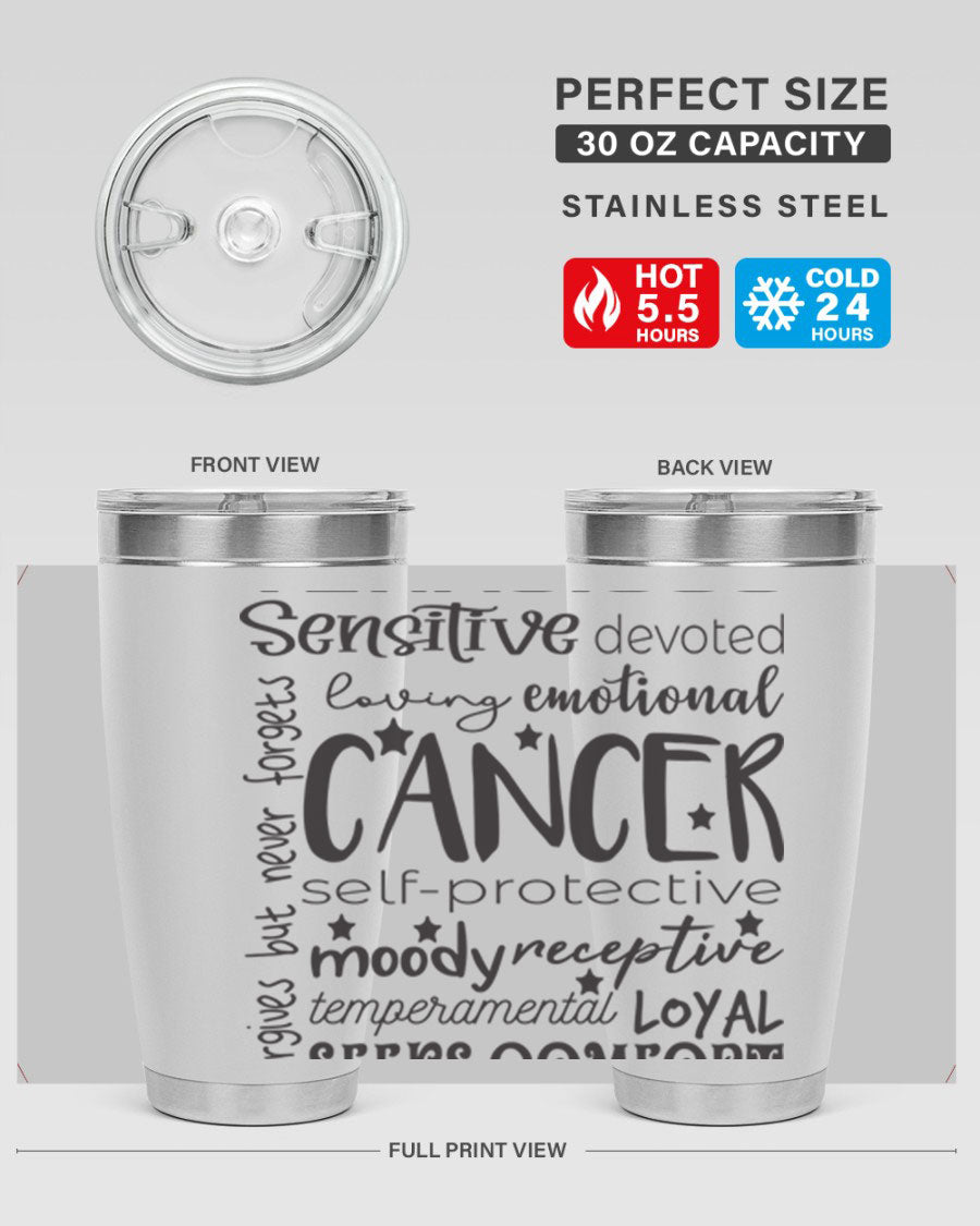 Cancer 565# Zodiac Tumbler in stainless steel with a vibrant design, available in 20oz and 30oz sizes.