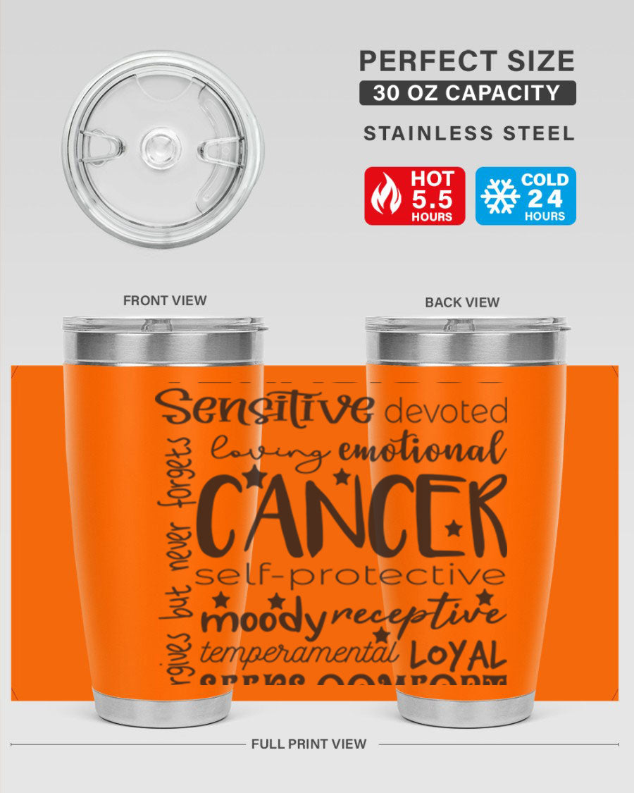 Cancer 565# Zodiac Tumbler in stainless steel with a vibrant design, available in 20oz and 30oz sizes.