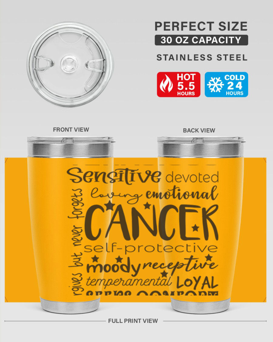 Cancer 565# Zodiac Tumbler in stainless steel with a vibrant design, available in 20oz and 30oz sizes.