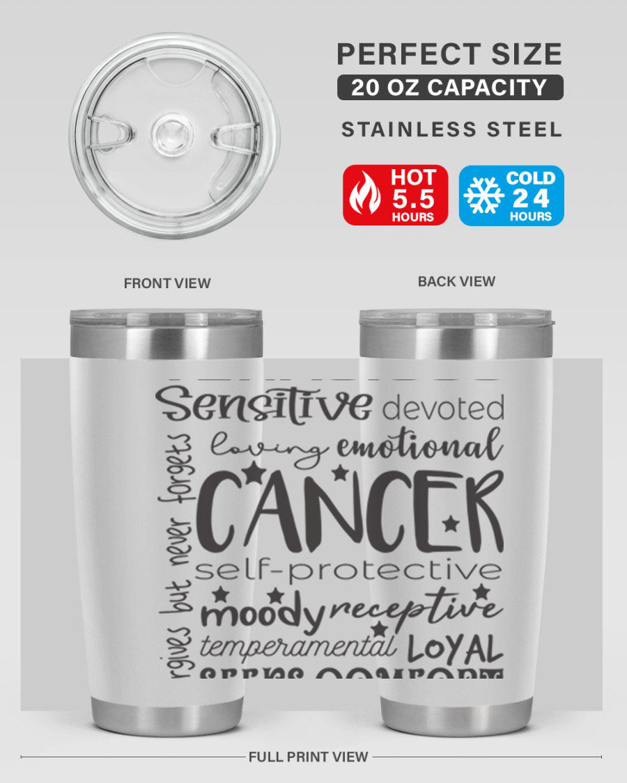 Cancer 565# Zodiac Tumbler in stainless steel with a vibrant design, available in 20oz and 30oz sizes.