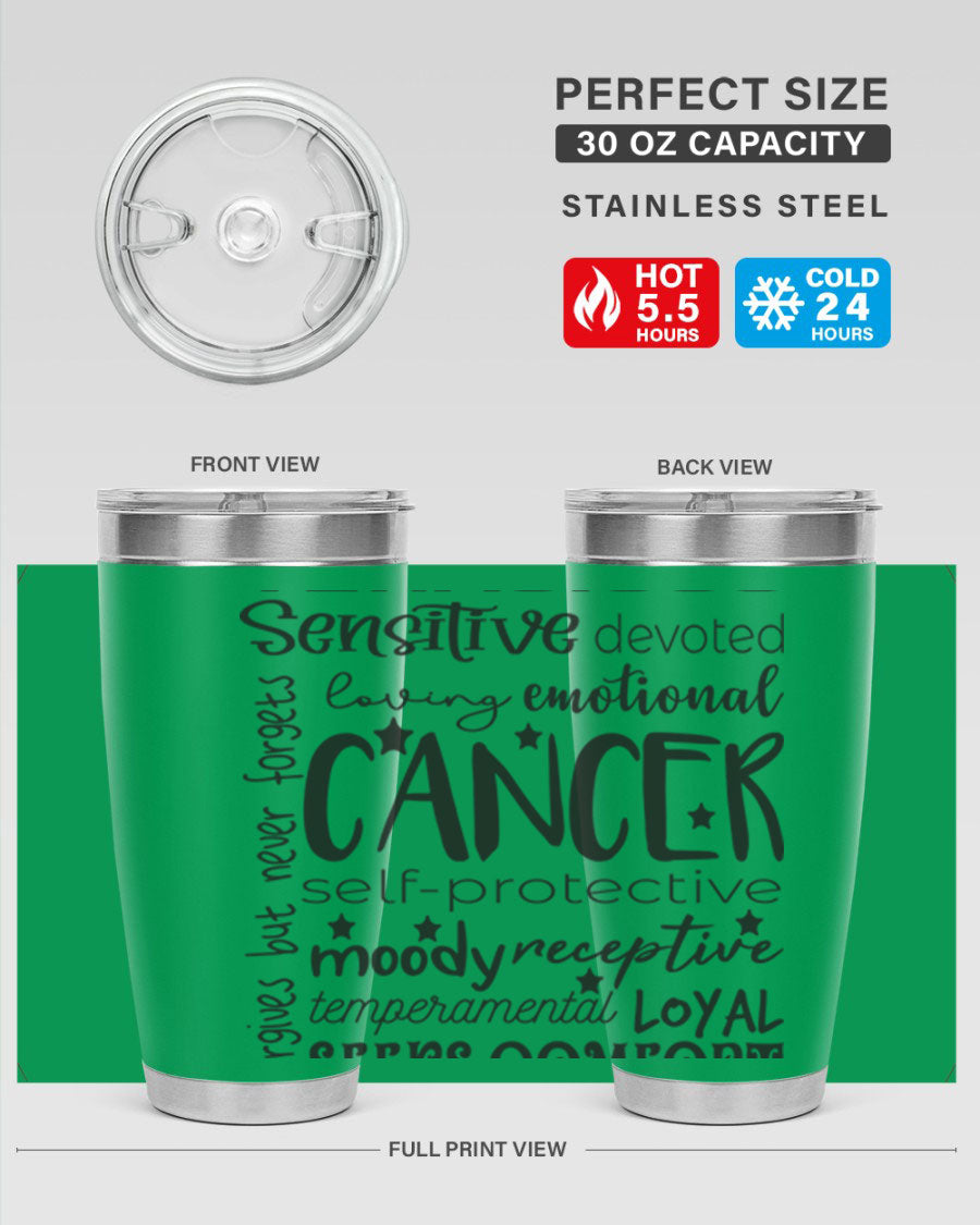 Cancer 565# Zodiac Tumbler in stainless steel with a vibrant design, available in 20oz and 30oz sizes.