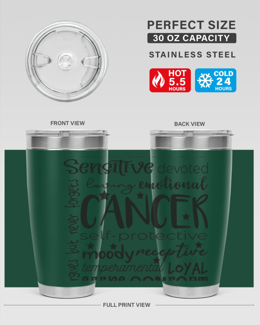 Cancer 565# Zodiac Tumbler in stainless steel with a vibrant design, available in 20oz and 30oz sizes.
