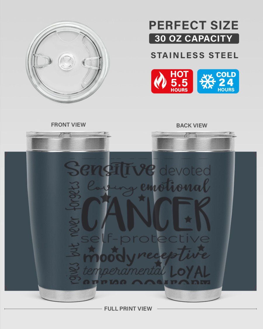 Cancer 565# Zodiac Tumbler in stainless steel with a vibrant design, available in 20oz and 30oz sizes.