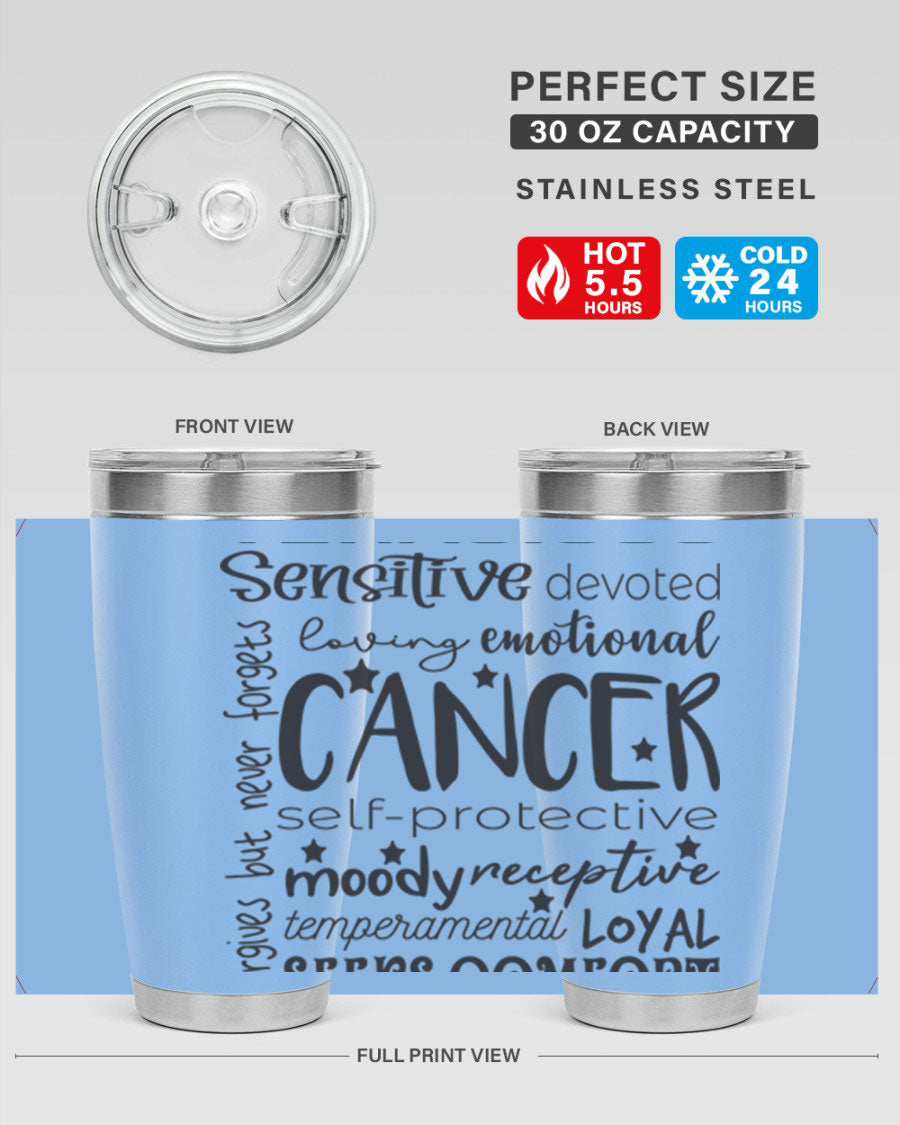 Cancer 565# Zodiac Tumbler in stainless steel with a vibrant design, available in 20oz and 30oz sizes.