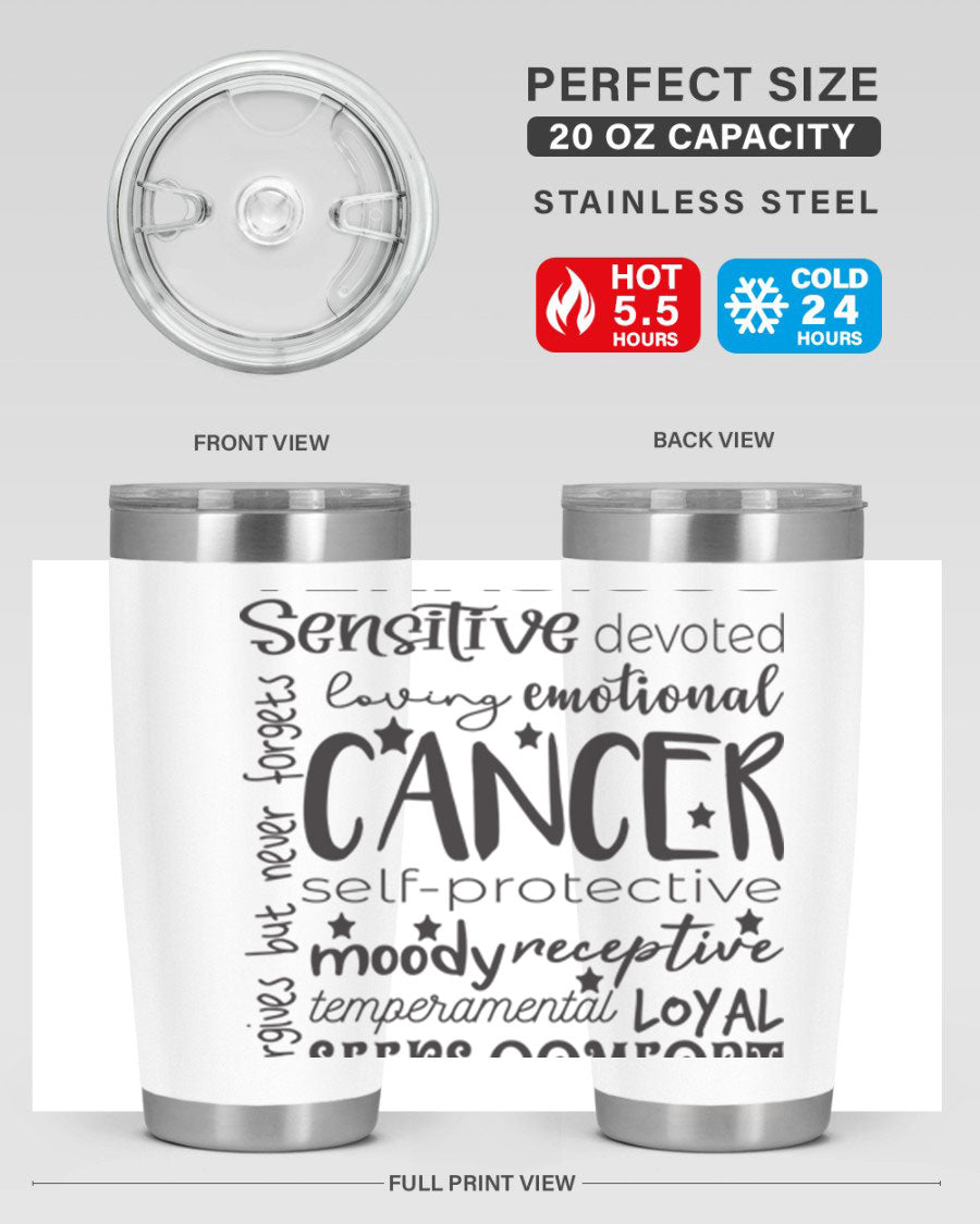 Cancer 565# Zodiac Tumbler in stainless steel with a vibrant design, available in 20oz and 30oz sizes.