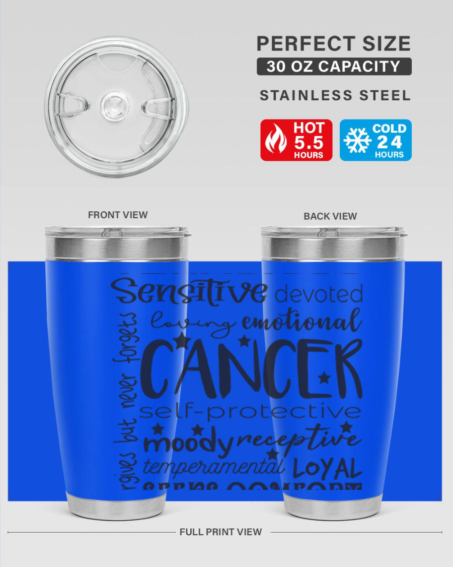 Cancer 565# Zodiac Tumbler in stainless steel with a vibrant design, available in 20oz and 30oz sizes.