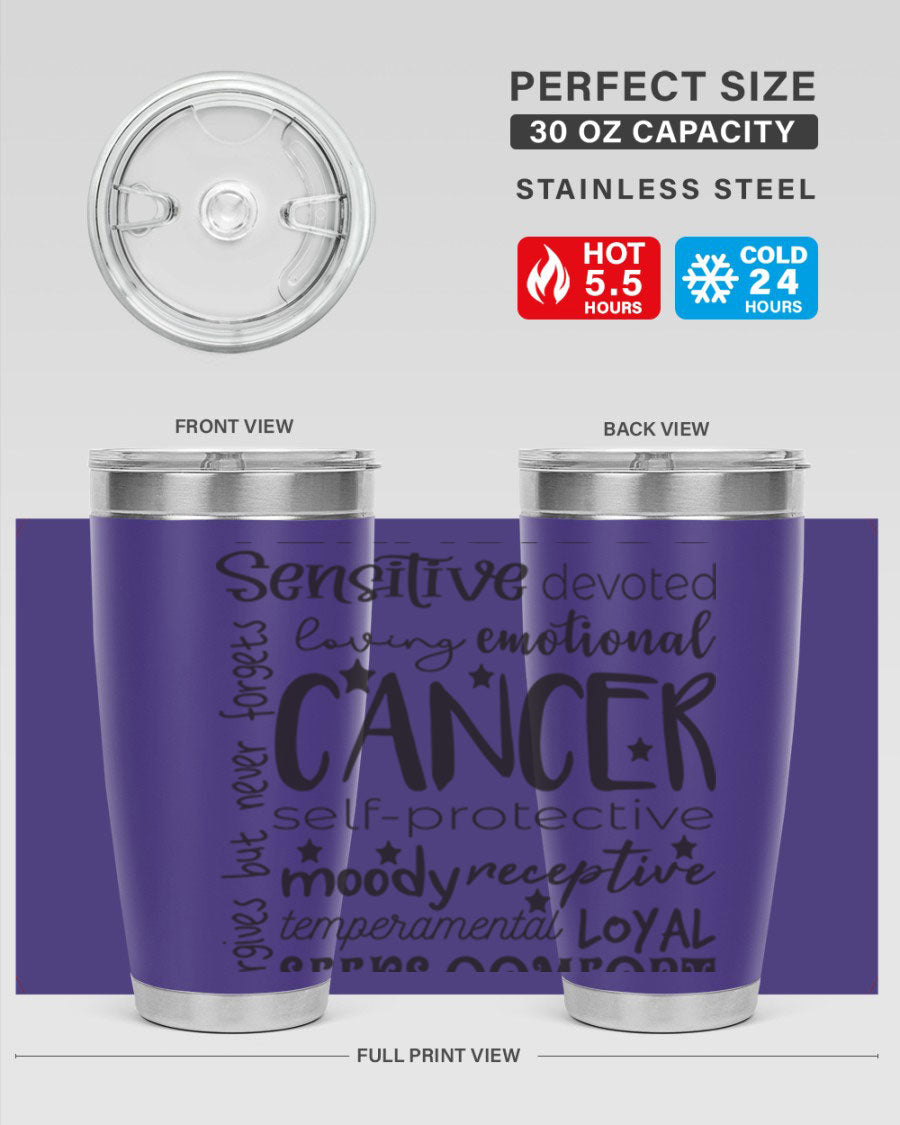 Cancer 565# Zodiac Tumbler in stainless steel with a vibrant design, available in 20oz and 30oz sizes.