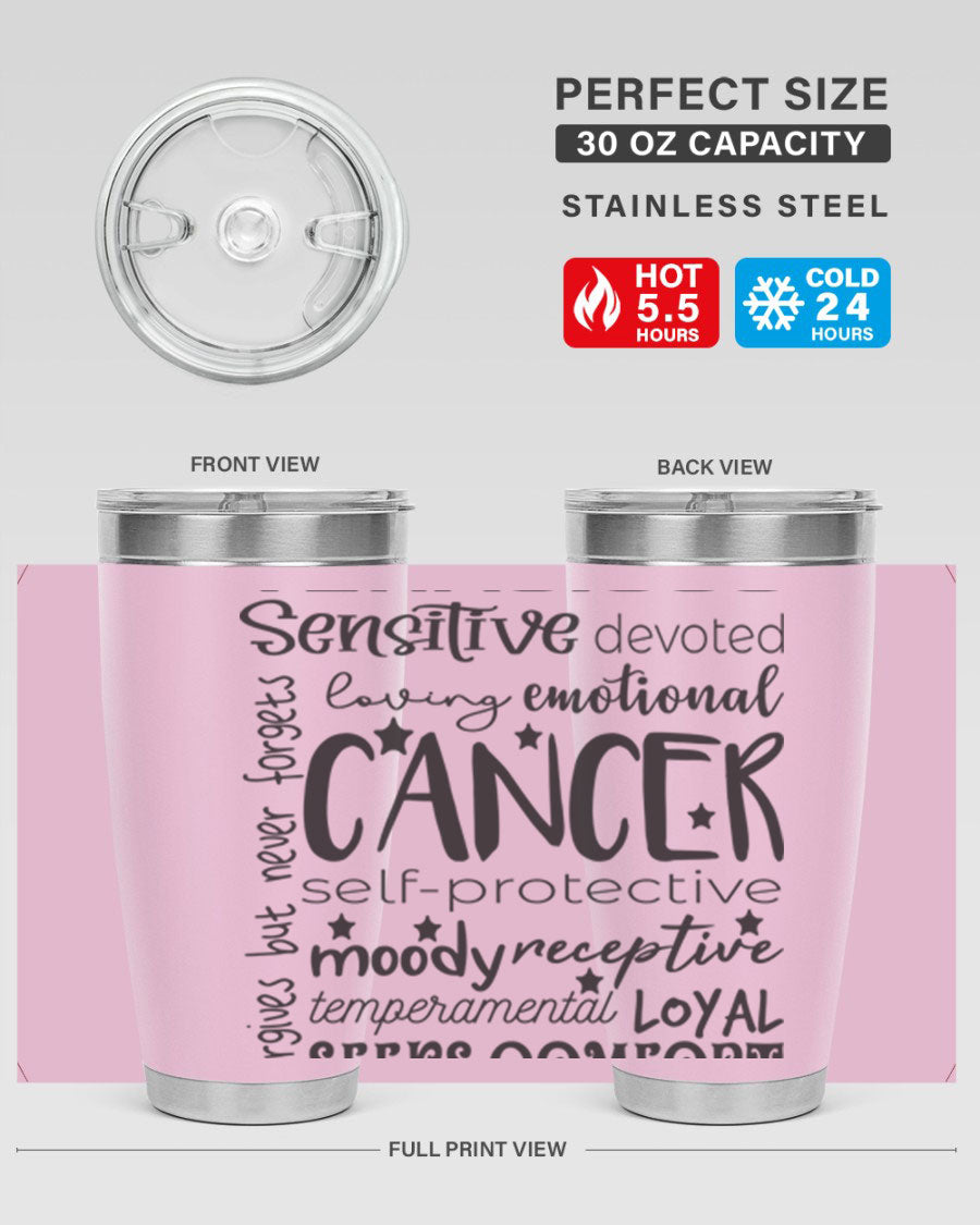 Cancer 565# Zodiac Tumbler in stainless steel with a vibrant design, available in 20oz and 30oz sizes.