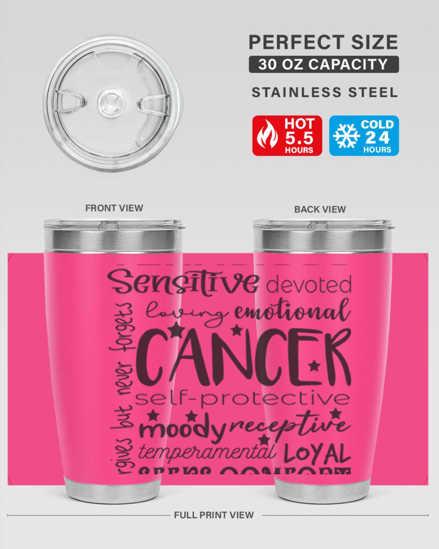 Cancer 565# Zodiac Tumbler in stainless steel with a vibrant design, available in 20oz and 30oz sizes.