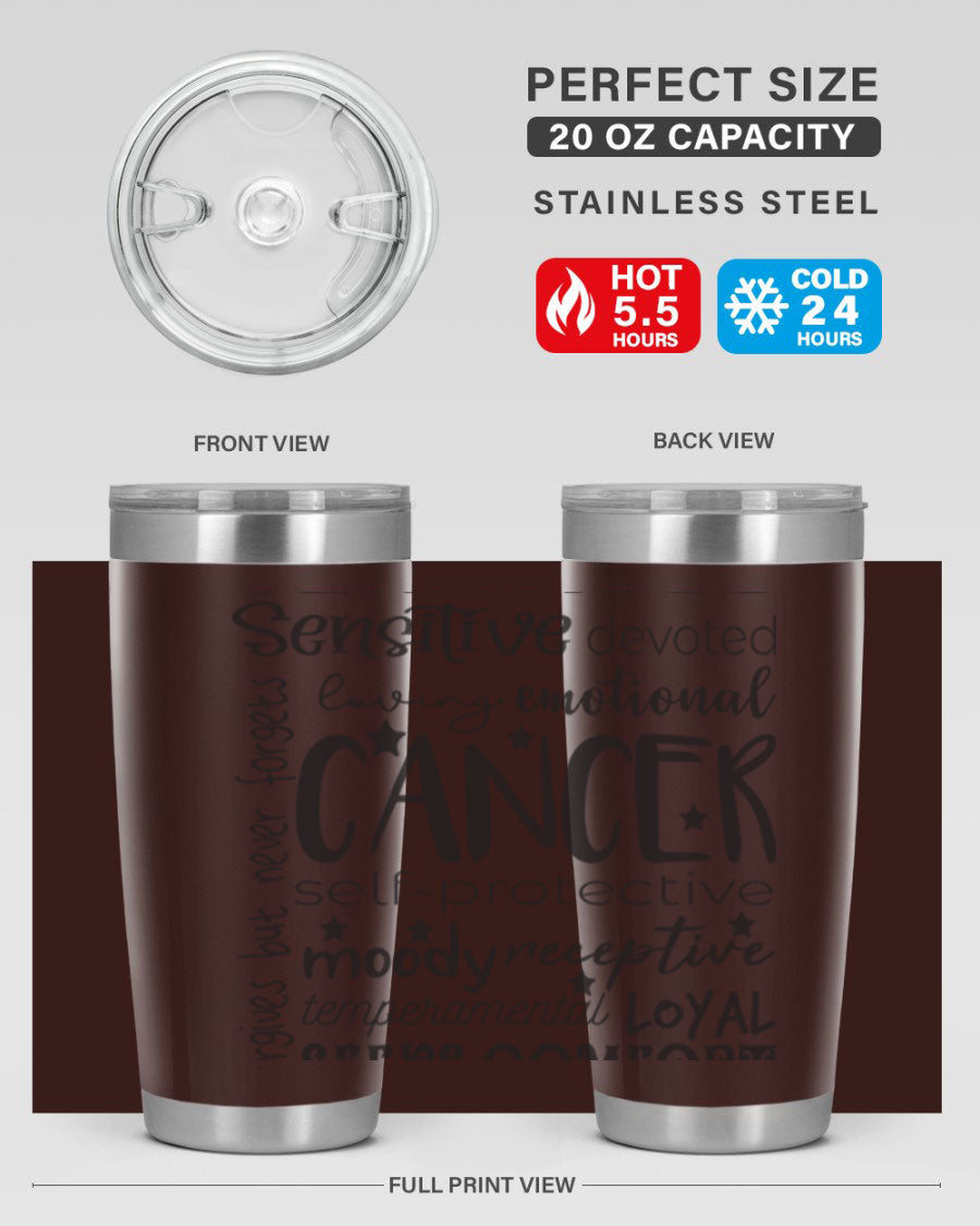 Cancer 565# Zodiac Tumbler in stainless steel with a vibrant design, available in 20oz and 30oz sizes.