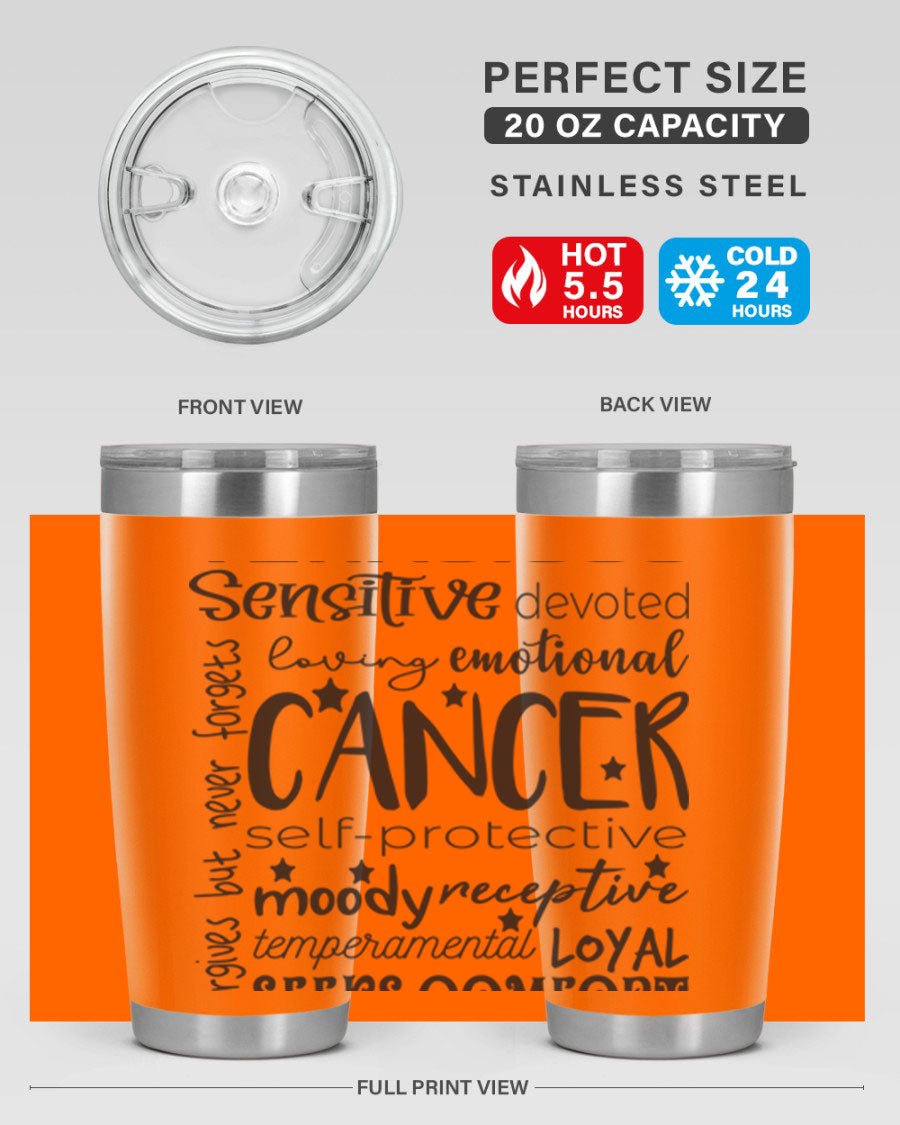 Cancer 565# Zodiac Tumbler in stainless steel with a vibrant design, available in 20oz and 30oz sizes.