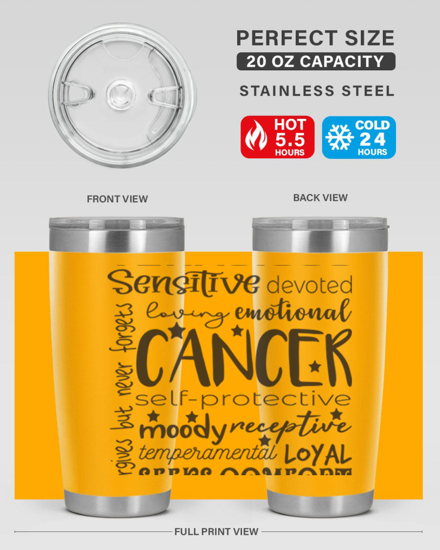 Cancer 565# Zodiac Tumbler in stainless steel with a vibrant design, available in 20oz and 30oz sizes.