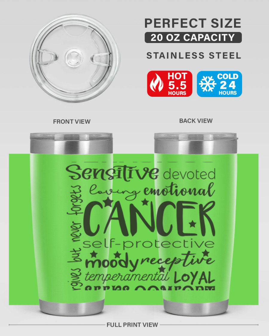 Cancer 565# Zodiac Tumbler in stainless steel with a vibrant design, available in 20oz and 30oz sizes.