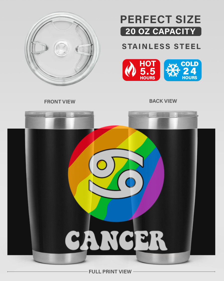Cancer LGBT Pride Tumbler in 20oz and 30oz sizes, showcasing vibrant colors and a sleek design.