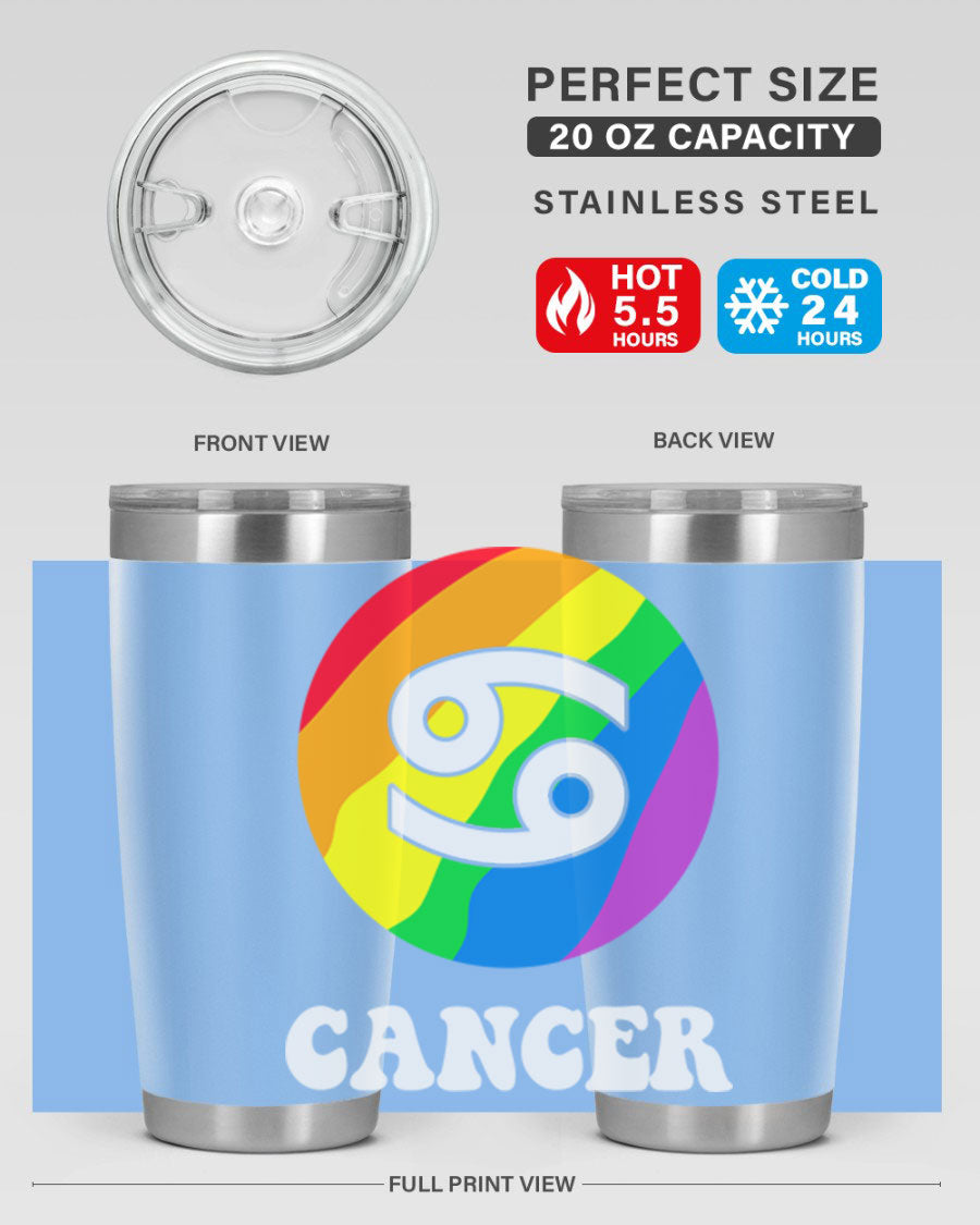 Cancer LGBT Pride Tumbler in 20oz and 30oz sizes, showcasing vibrant colors and a sleek design.