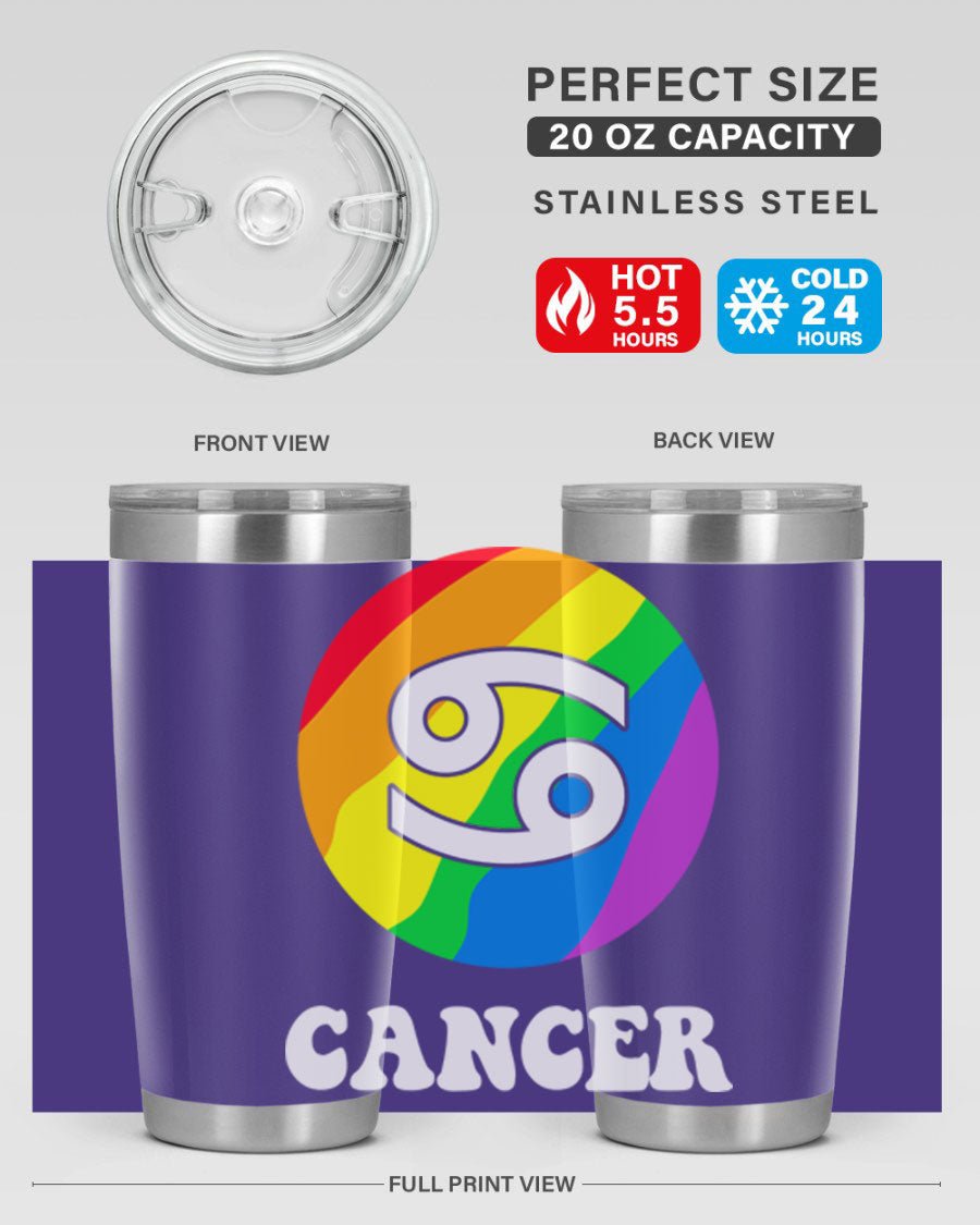 Cancer LGBT Pride Tumbler in 20oz and 30oz sizes, showcasing vibrant colors and a sleek design.
