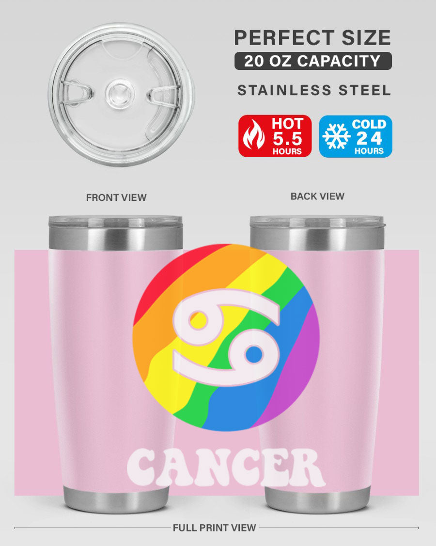 Cancer LGBT Pride Tumbler in 20oz and 30oz sizes, showcasing vibrant colors and a sleek design.