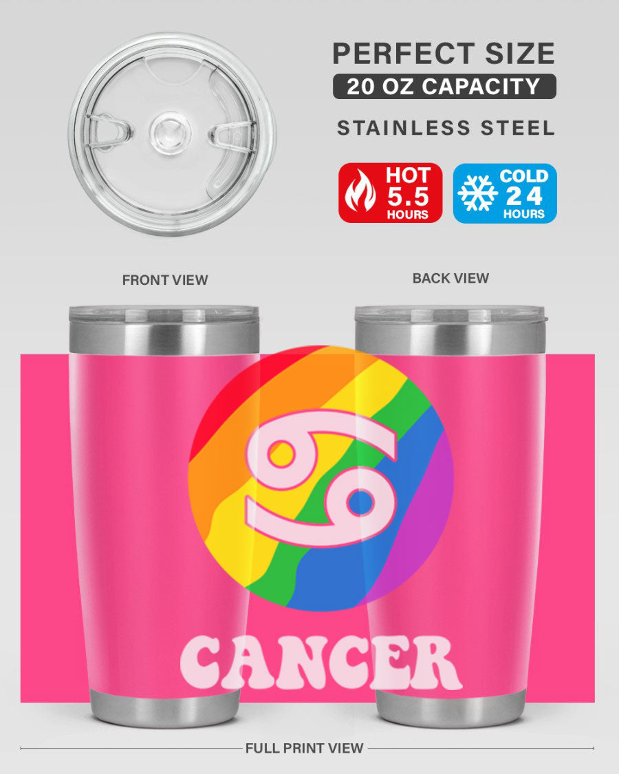 Cancer LGBT Pride Tumbler in 20oz and 30oz sizes, showcasing vibrant colors and a sleek design.
