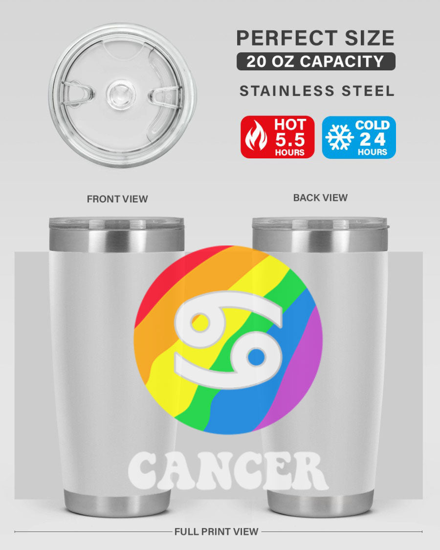 Cancer LGBT Pride Tumbler in 20oz and 30oz sizes, showcasing vibrant colors and a sleek design.