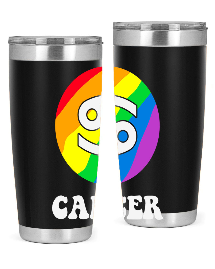 Cancer LGBT Pride Tumbler in 20oz and 30oz sizes, showcasing vibrant colors and a sleek design.