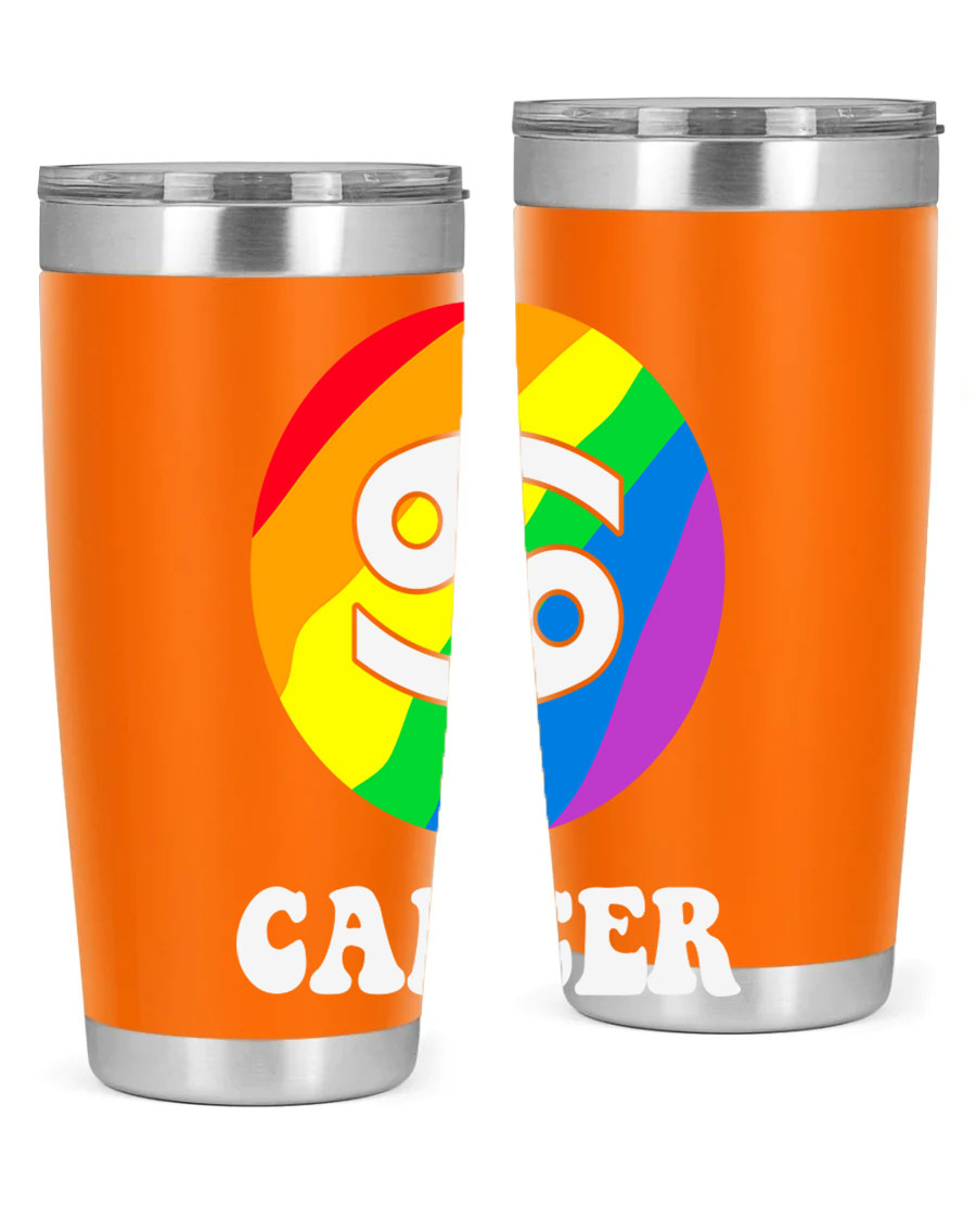 Cancer LGBT Pride Tumbler in 20oz and 30oz sizes, showcasing vibrant colors and a sleek design.