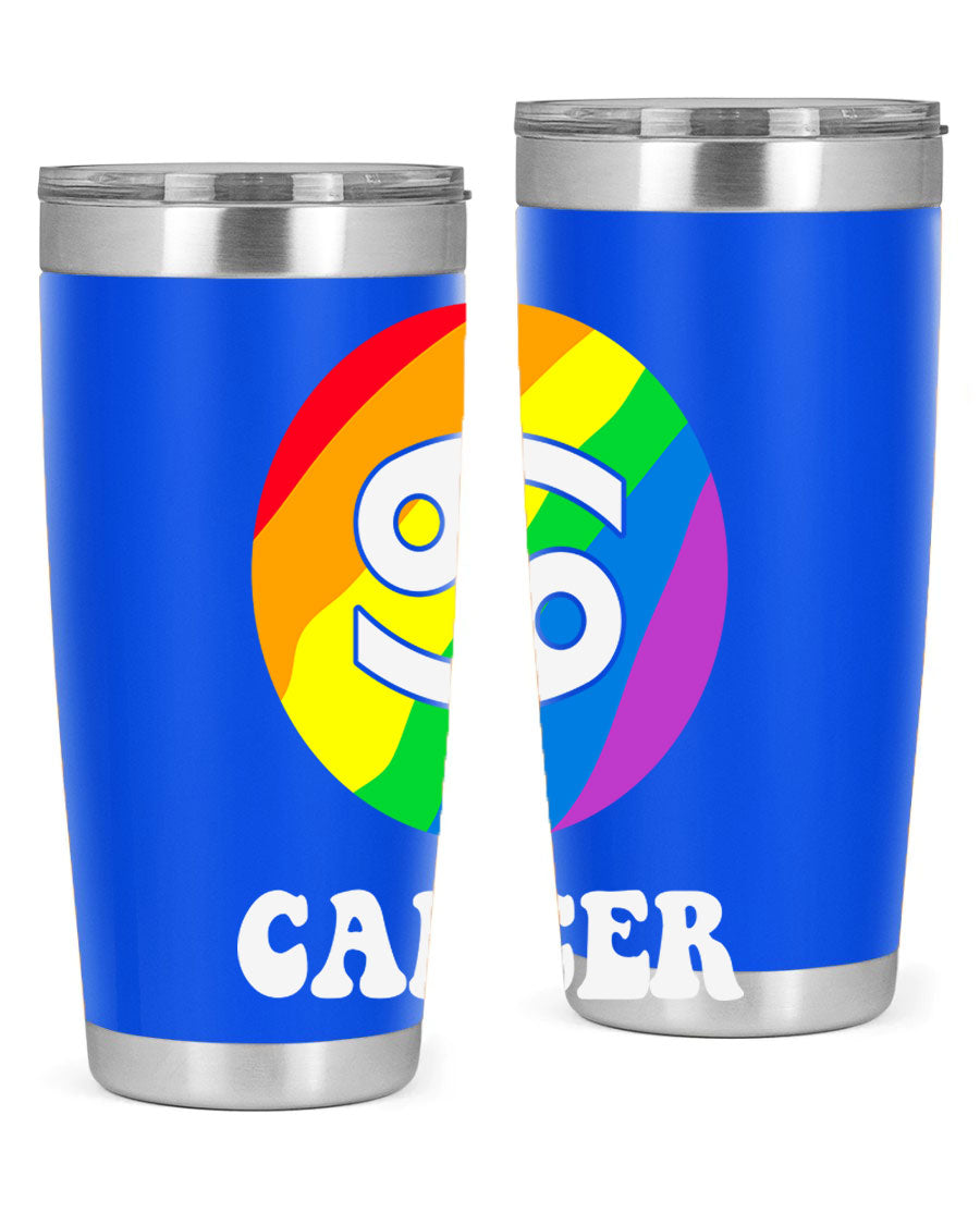 Cancer LGBT Pride Tumbler in 20oz and 30oz sizes, showcasing vibrant colors and a sleek design.