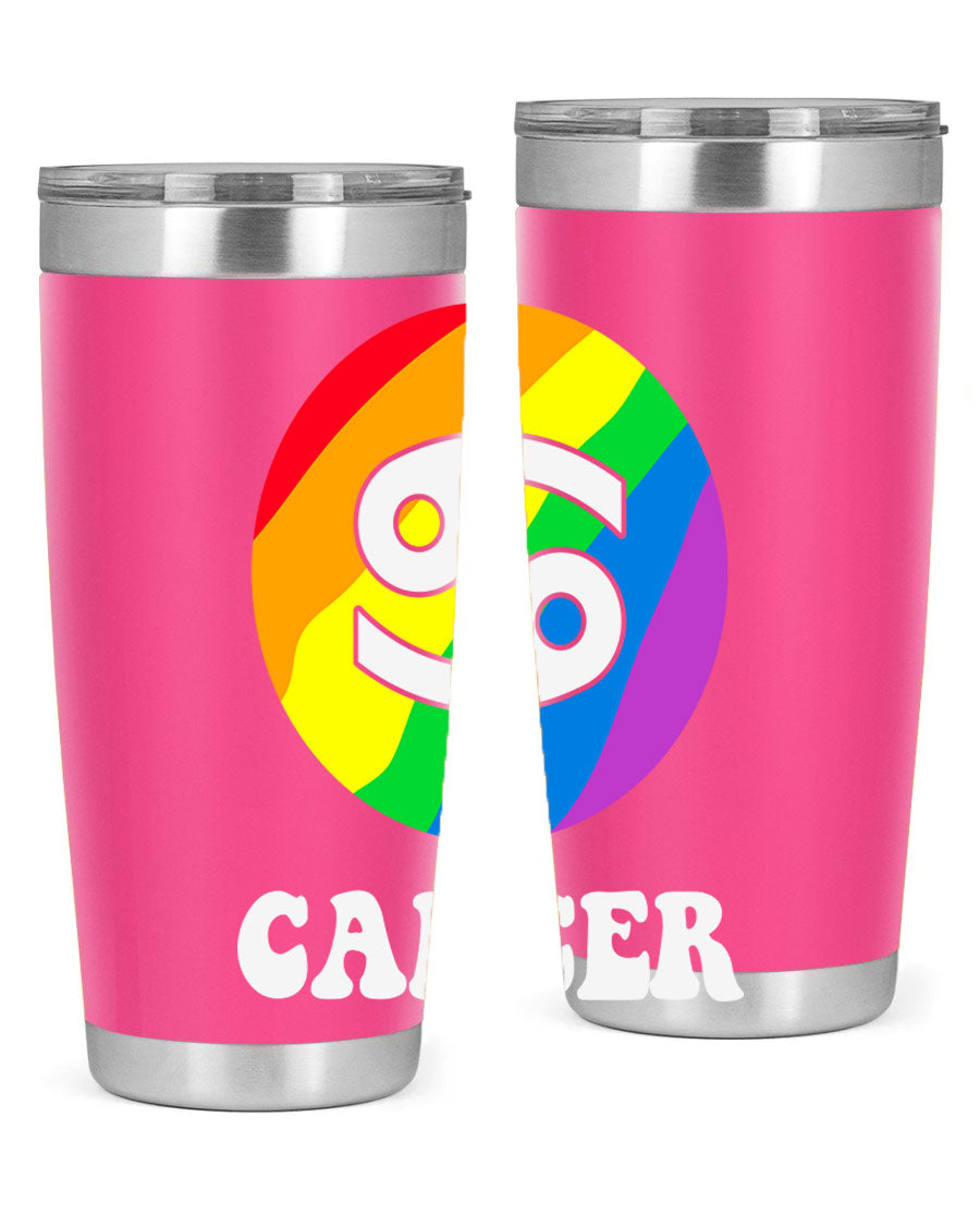 Cancer LGBT Pride Tumbler in 20oz and 30oz sizes, showcasing vibrant colors and a sleek design.