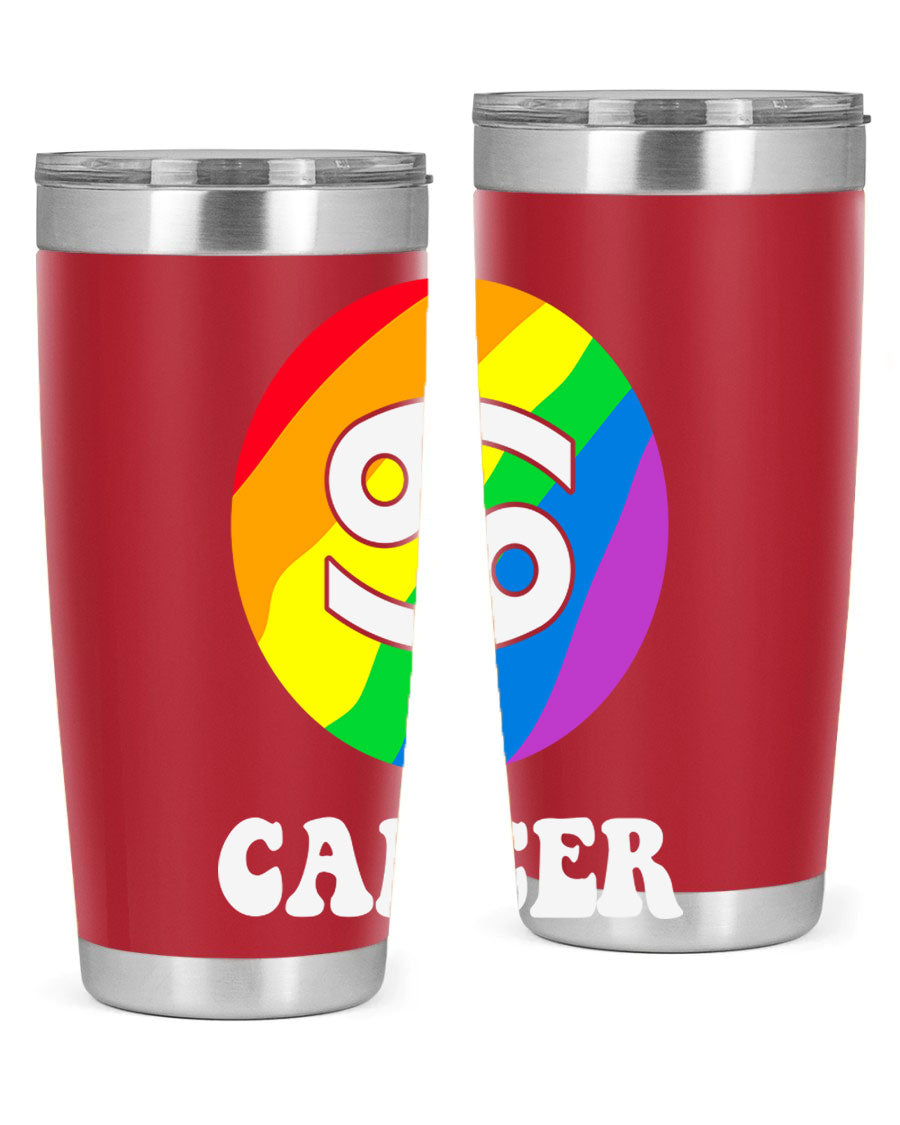 Cancer LGBT Pride Tumbler in 20oz and 30oz sizes, showcasing vibrant colors and a sleek design.