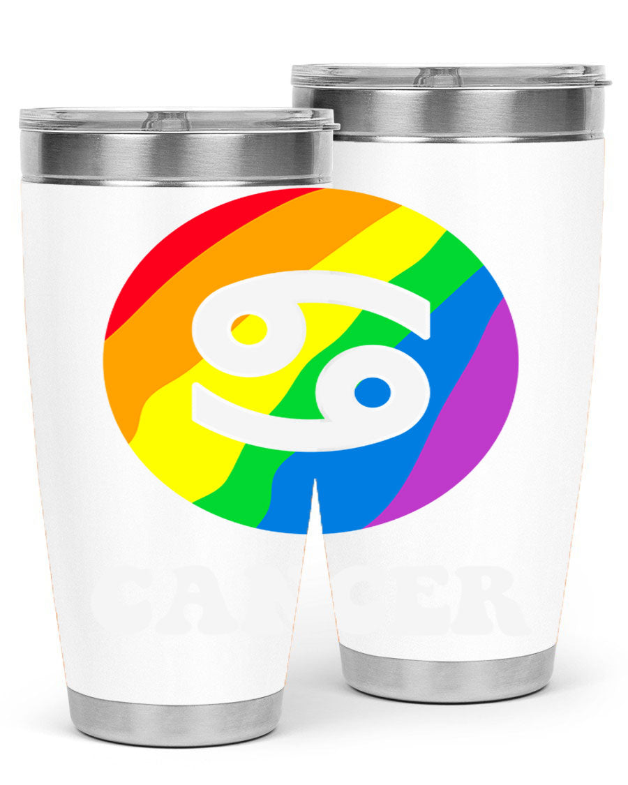 Cancer LGBT Pride Tumbler in 20oz and 30oz sizes, showcasing vibrant colors and a sleek design.
