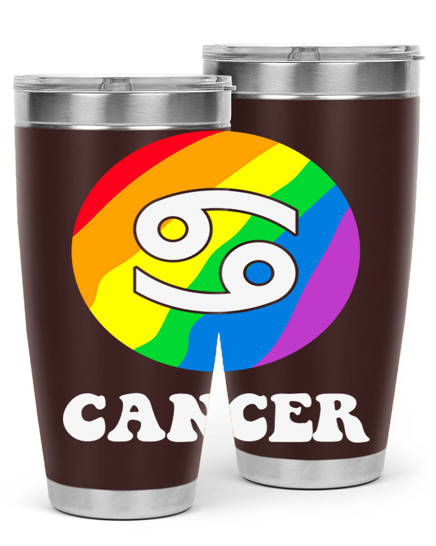 Cancer LGBT Pride Tumbler in 20oz and 30oz sizes, showcasing vibrant colors and a sleek design.