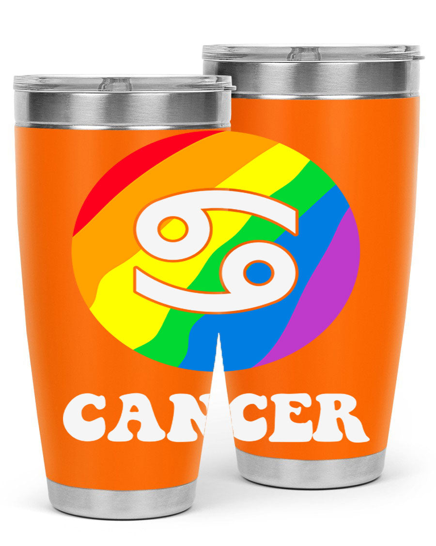 Cancer LGBT Pride Tumbler in 20oz and 30oz sizes, showcasing vibrant colors and a sleek design.