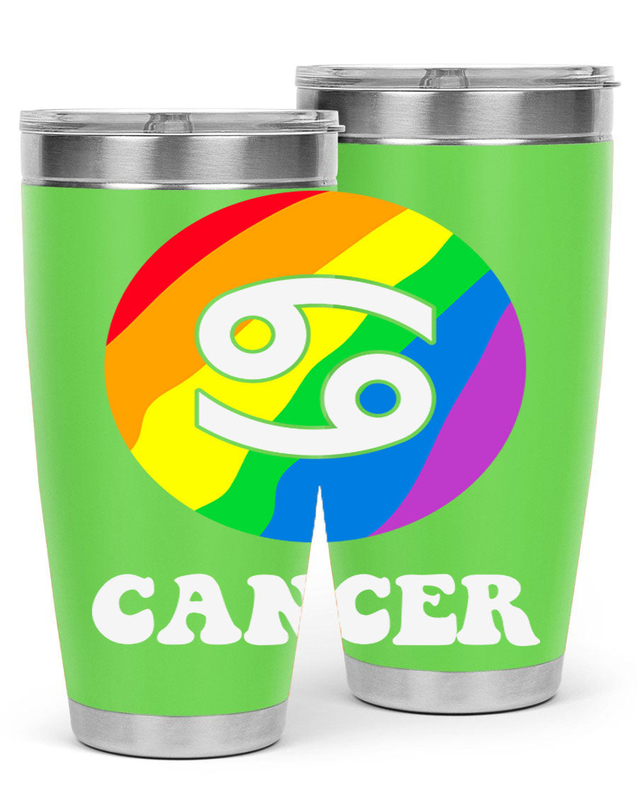 Cancer LGBT Pride Tumbler in 20oz and 30oz sizes, showcasing vibrant colors and a sleek design.