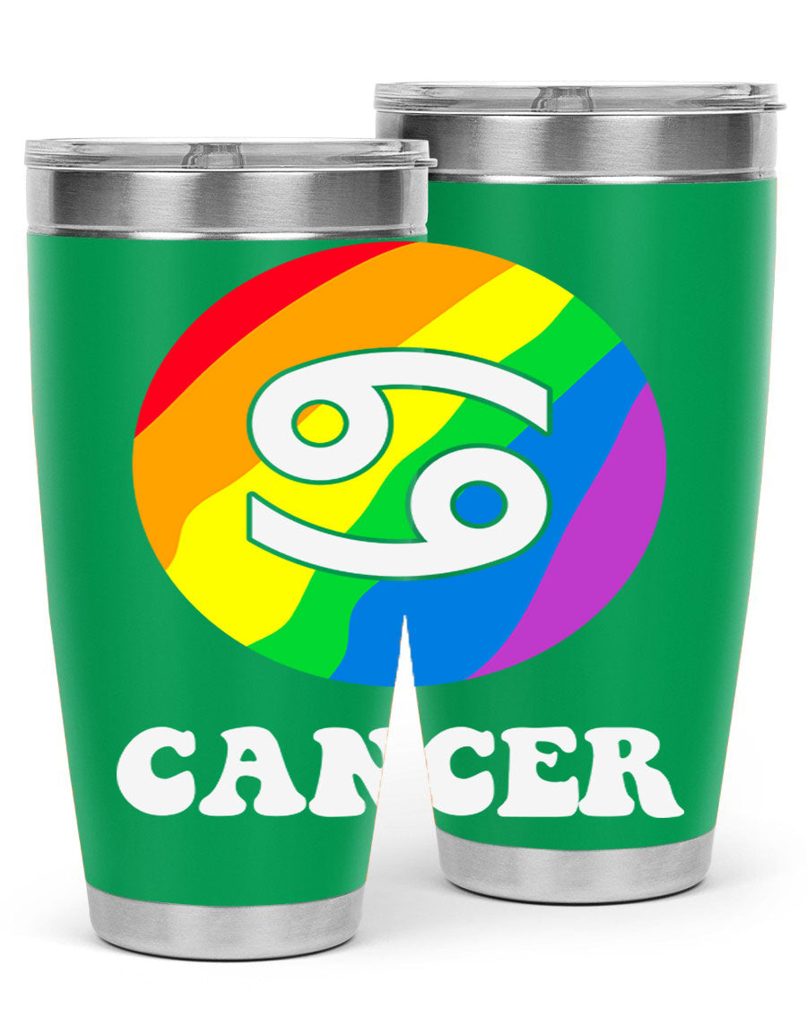 Cancer LGBT Pride Tumbler in 20oz and 30oz sizes, showcasing vibrant colors and a sleek design.