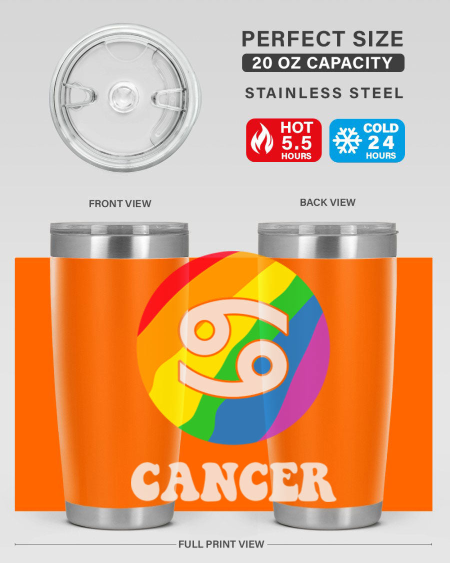 Cancer LGBT Pride Tumbler in 20oz and 30oz sizes, showcasing vibrant colors and a sleek design.