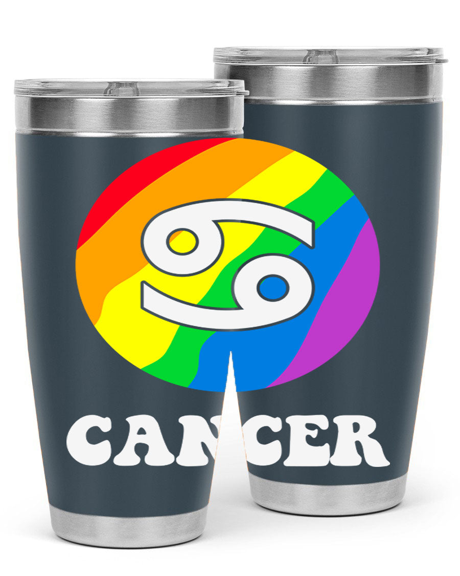 Cancer LGBT Pride Tumbler in 20oz and 30oz sizes, showcasing vibrant colors and a sleek design.