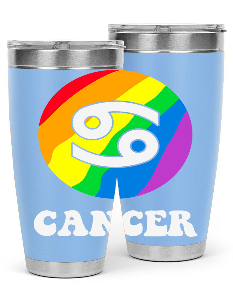 Cancer LGBT Pride Tumbler in 20oz and 30oz sizes, showcasing vibrant colors and a sleek design.