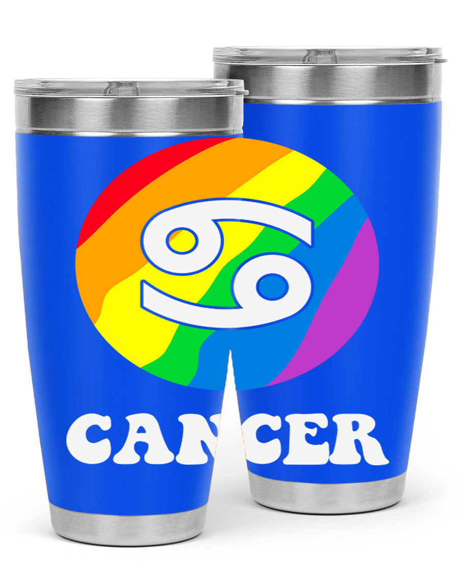 Cancer LGBT Pride Tumbler in 20oz and 30oz sizes, showcasing vibrant colors and a sleek design.