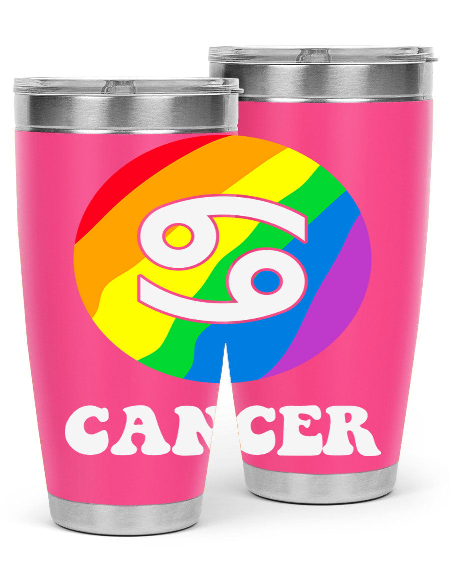 Cancer LGBT Pride Tumbler in 20oz and 30oz sizes, showcasing vibrant colors and a sleek design.