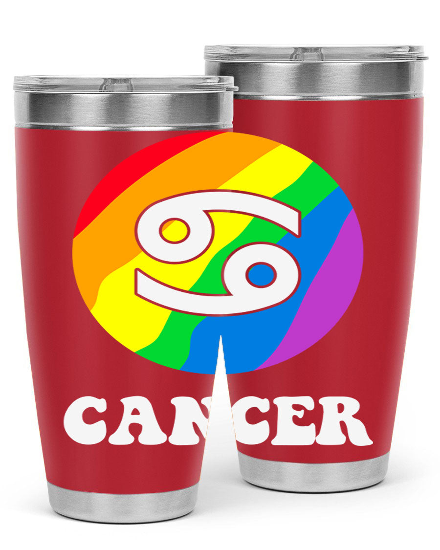 Cancer LGBT Pride Tumbler in 20oz and 30oz sizes, showcasing vibrant colors and a sleek design.