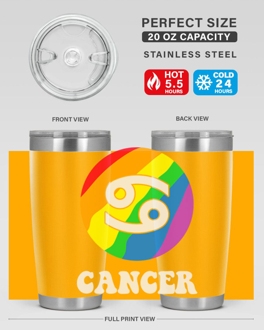 Cancer LGBT Pride Tumbler in 20oz and 30oz sizes, showcasing vibrant colors and a sleek design.