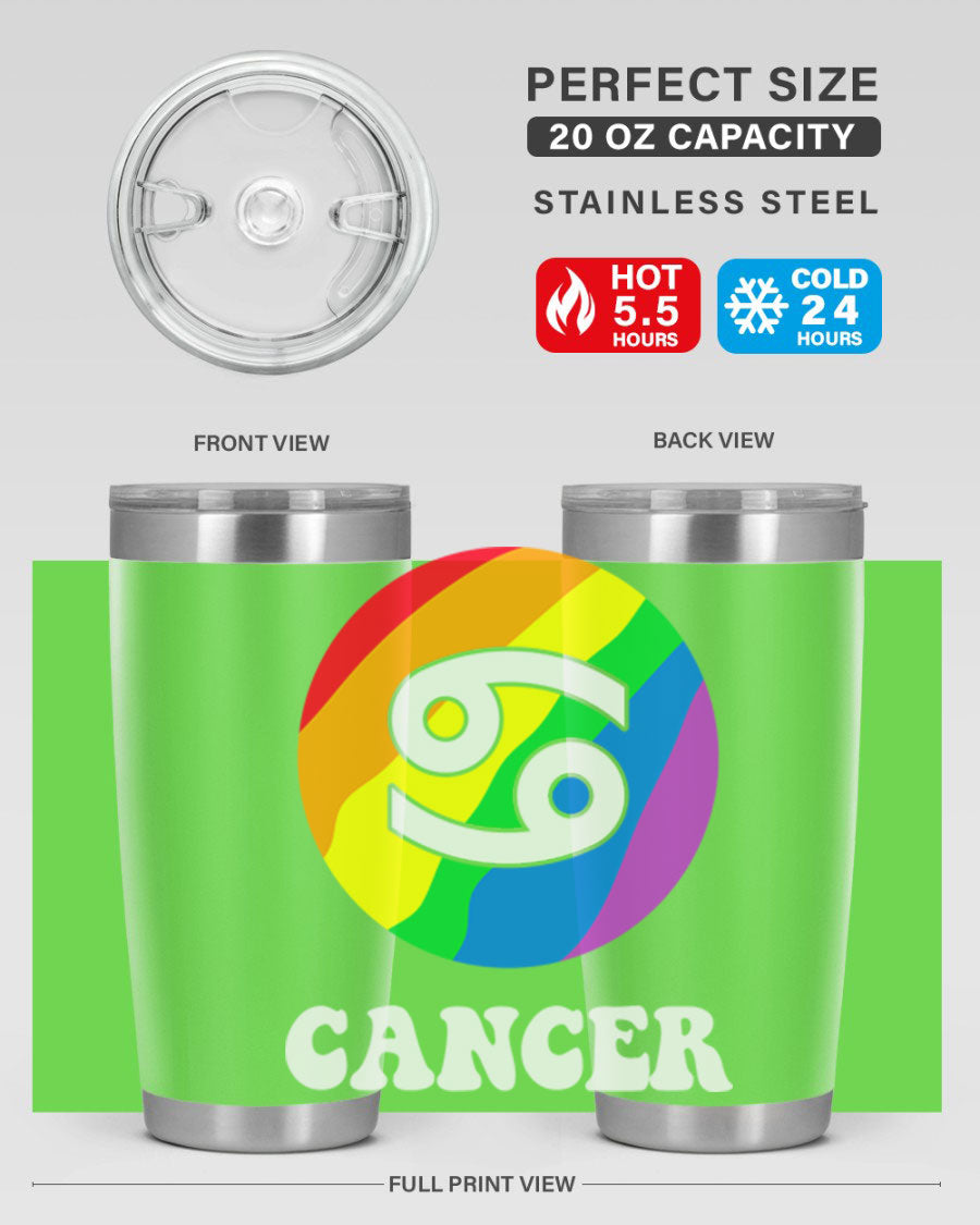Cancer LGBT Pride Tumbler in 20oz and 30oz sizes, showcasing vibrant colors and a sleek design.