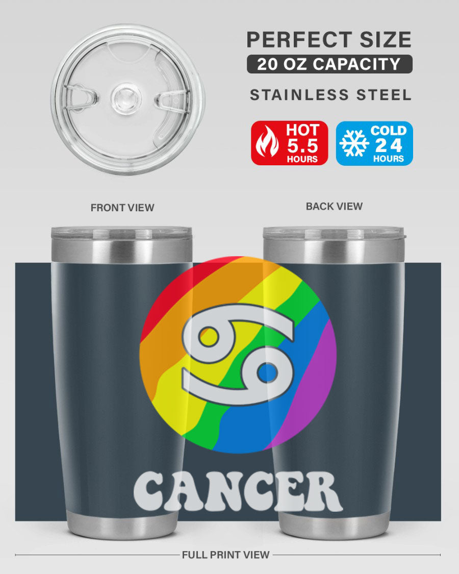 Cancer LGBT Pride Tumbler in 20oz and 30oz sizes, showcasing vibrant colors and a sleek design.
